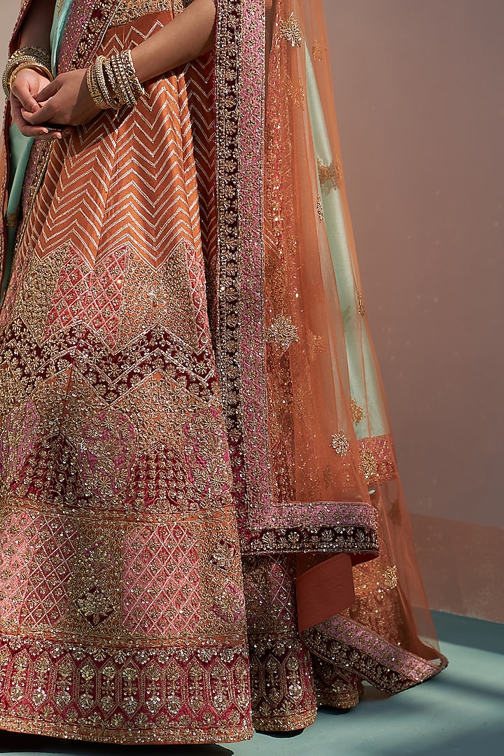 Rust Raw Silk Applique mbroidered Bridal Lehenga Set by Angad Singh at Pernia's Pop Up Shop