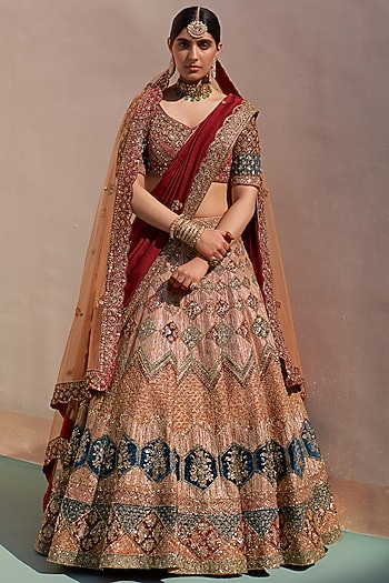 Nude Raw Silk Applique Embroidered Bridal Lehenga Set  by Angad Singh at Pernia's Pop Up Shop