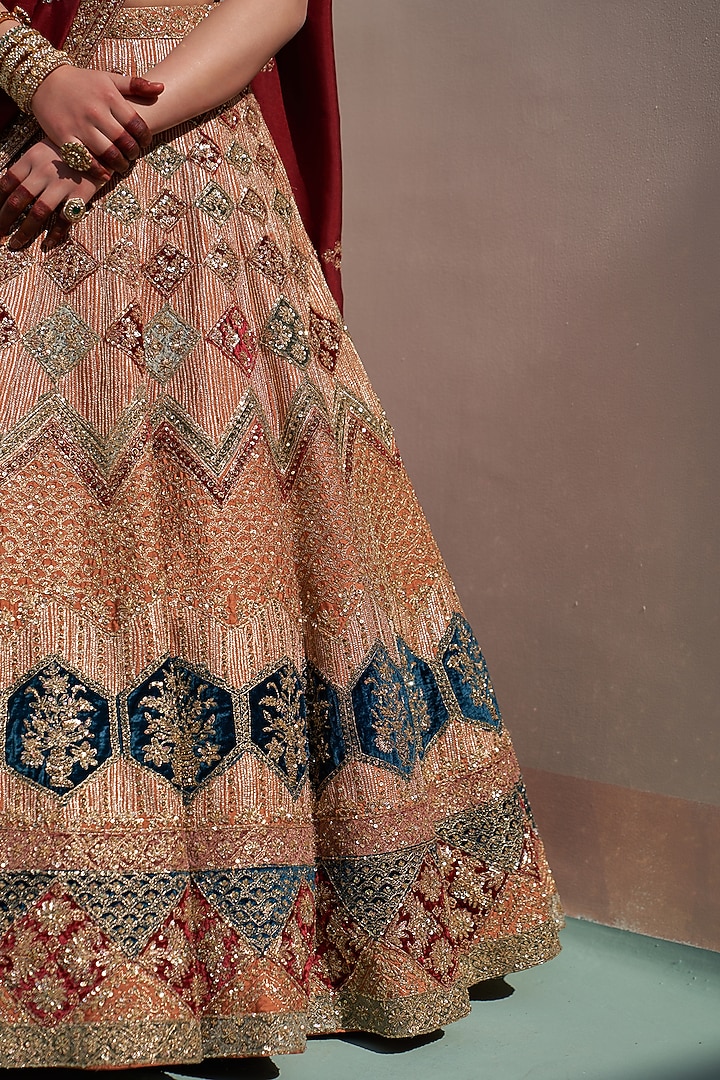 Nude Raw Silk Applique Embroidered Bridal Lehenga Set by Angad Singh at Pernia's Pop Up Shop