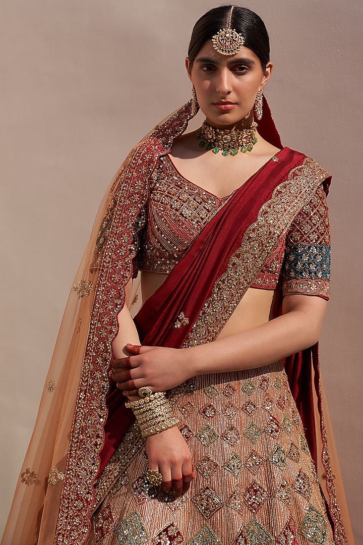 Nude Raw Silk Applique Embroidered Bridal Lehenga Set by Angad Singh at Pernia's Pop Up Shop