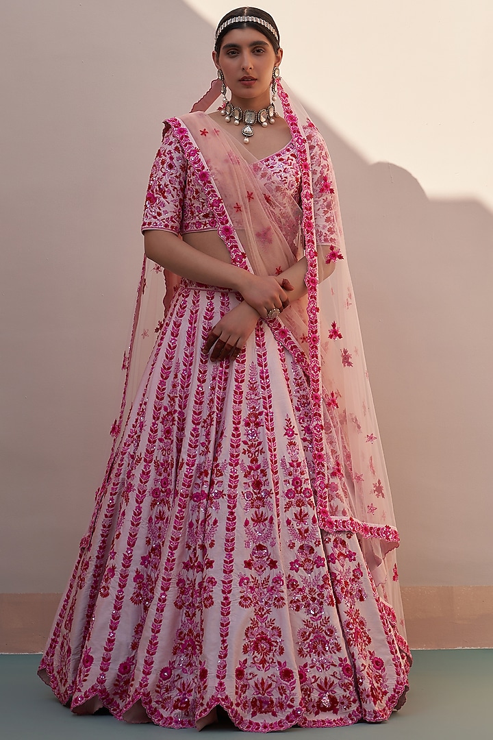Blush Pink Raw Silk Zardsoi Embroidered Bridal Lehenga Set  by Angad Singh at Pernia's Pop Up Shop