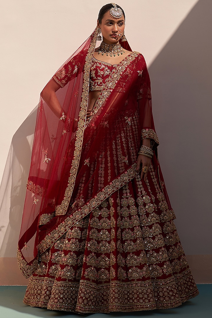 Maroon Raw Silk Zardsoi Embroidered Bridal Lehenga Set  by Angad Singh at Pernia's Pop Up Shop