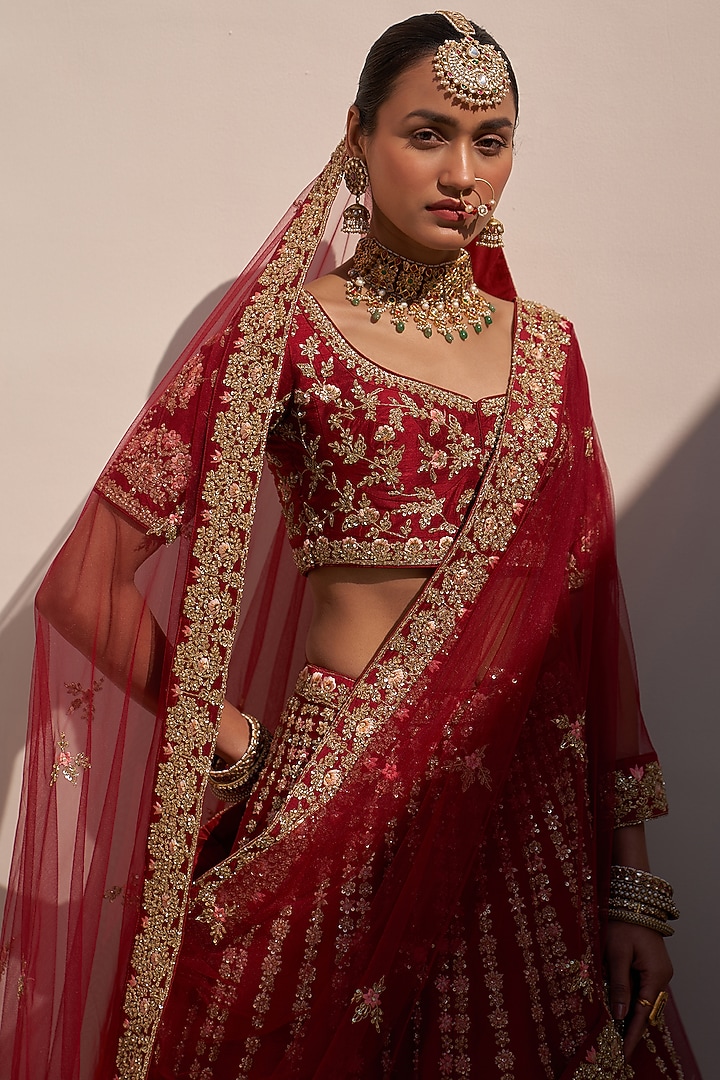 Maroon Raw Silk Zardsoi Embroidered Bridal Lehenga Set  by Angad Singh at Pernia's Pop Up Shop
