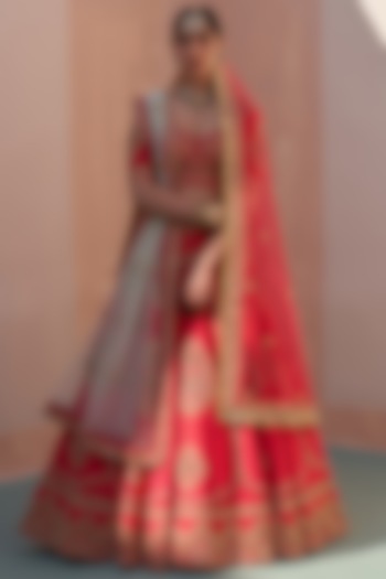 Red Raw Silk Thread Embroidered Wedding Lehenga Set  by Angad Singh at Pernia's Pop Up Shop