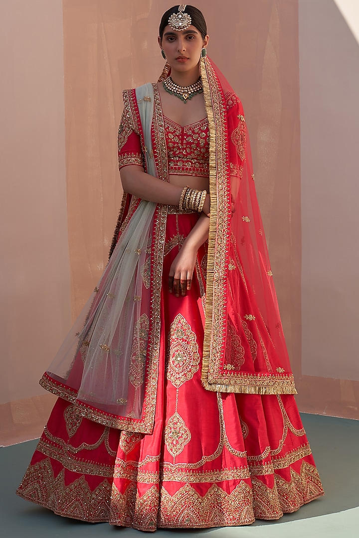 Red Raw Silk Thread Embroidered Wedding Lehenga Set  by Angad Singh at Pernia's Pop Up Shop