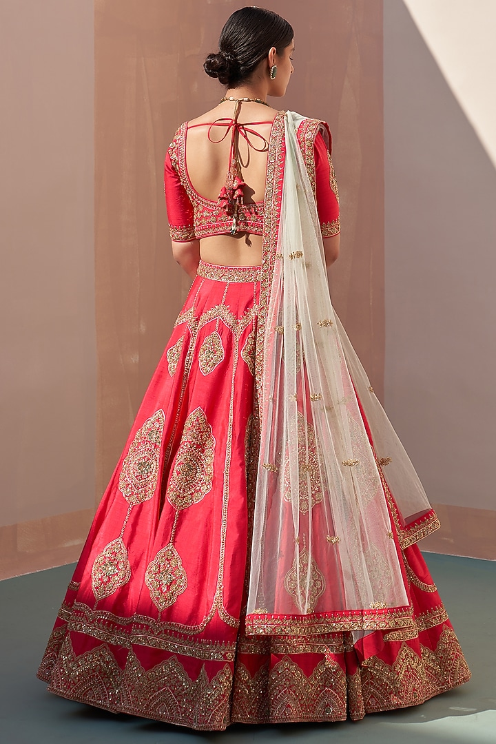 Red Raw Silk Thread Embroidered Wedding Lehenga Set by Angad Singh at Pernia's Pop Up Shop