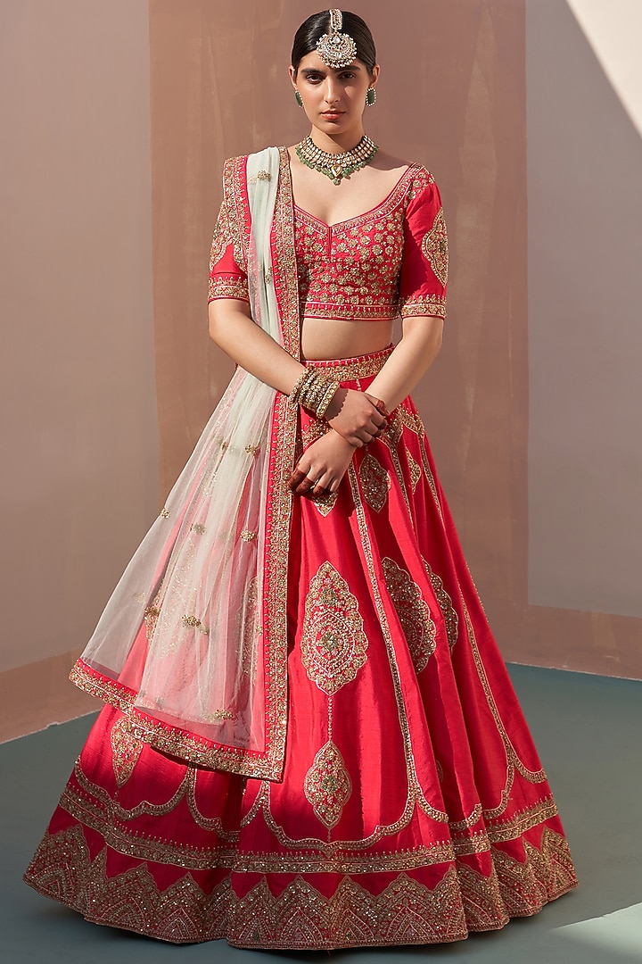 Red Raw Silk Thread Embroidered Wedding Lehenga Set by Angad Singh at Pernia's Pop Up Shop