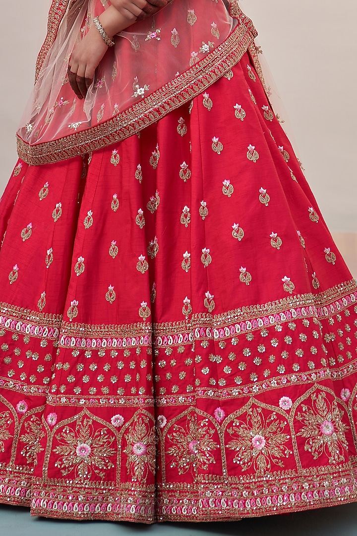 Red Raw Silk Thread Embroidered Wedding Lehenga Set by Angad Singh at Pernia's Pop Up Shop