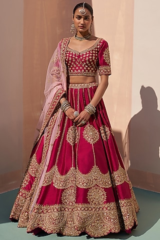 Wine Raw Silk Thread Embroidered Lehenga Set  by Angad Singh