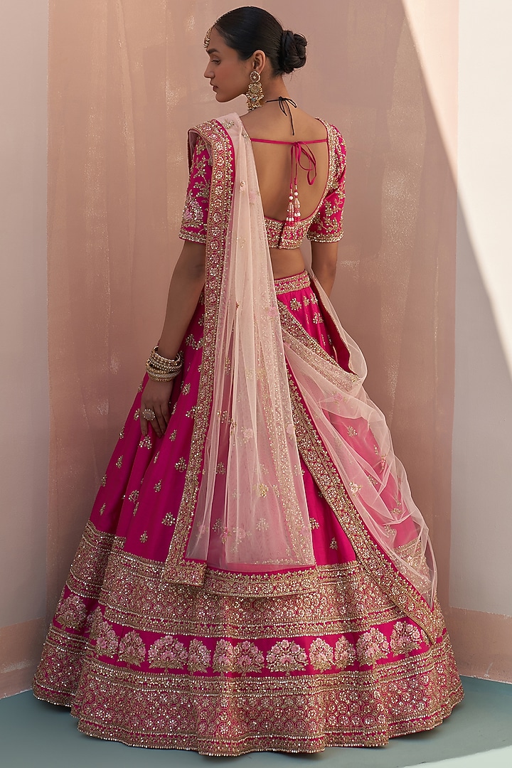 Rani Pink Raw Silk Zardosi Embroidered Wedding Lehenga Set by Angad Singh at Pernia's Pop Up Shop