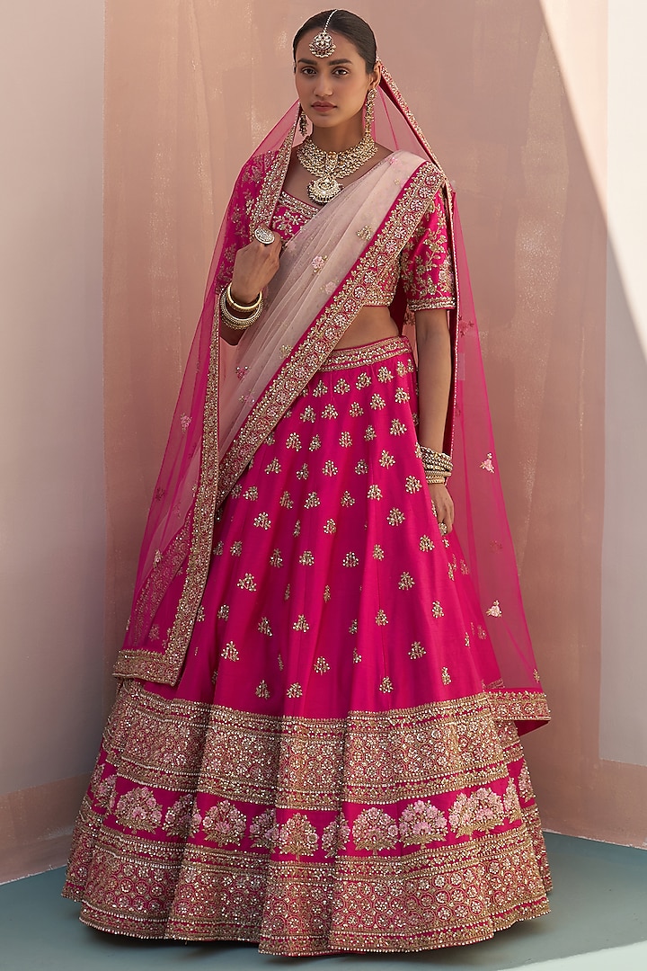 Rani Pink Raw Silk Zardosi Embroidered Lehenga Set  by Angad Singh