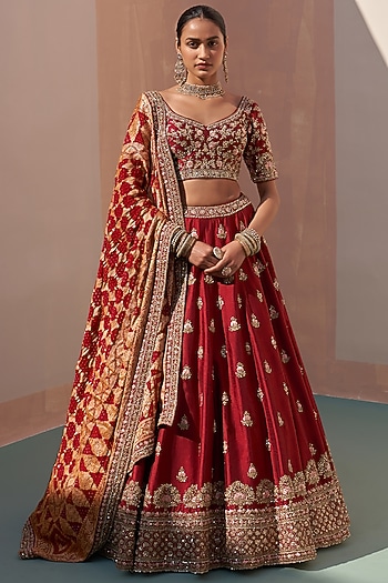 Maroon Raw Silk Zardosi Embroidered Wedding Lehenga Set  by Angad Singh at Pernia's Pop Up Shop