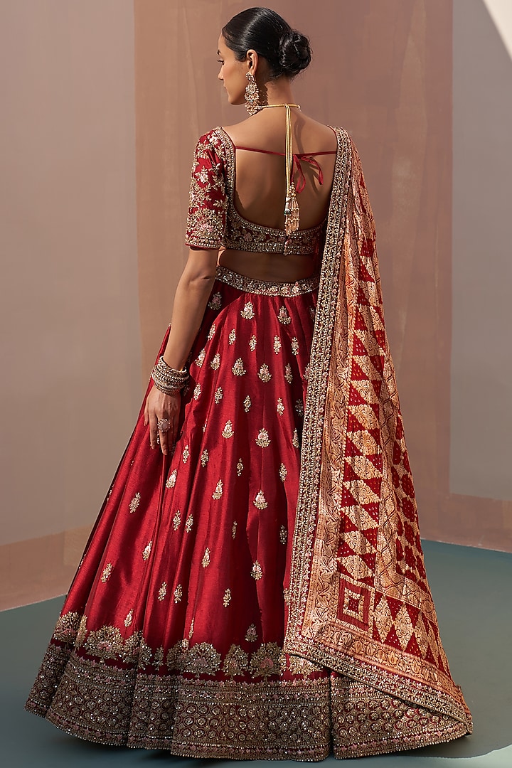 Maroon Raw Silk Zardosi Embroidered Wedding Lehenga Set by Angad Singh at Pernia's Pop Up Shop