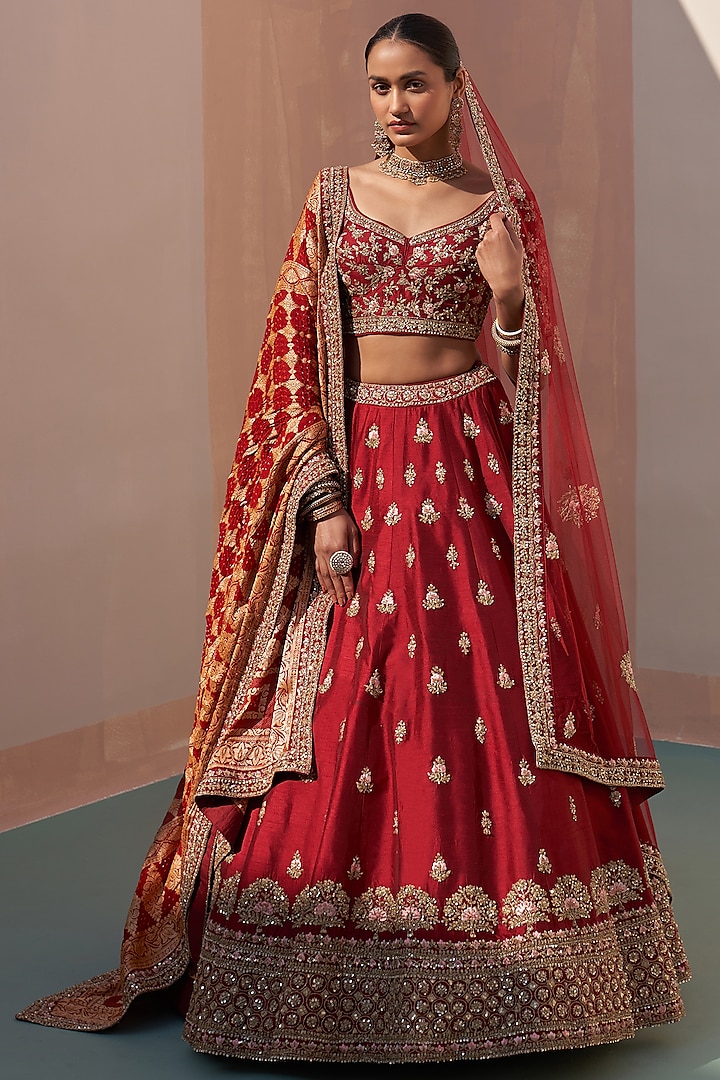 Maroon Raw Silk Zardosi Embroidered Wedding Lehenga Set by Angad Singh at Pernia's Pop Up Shop