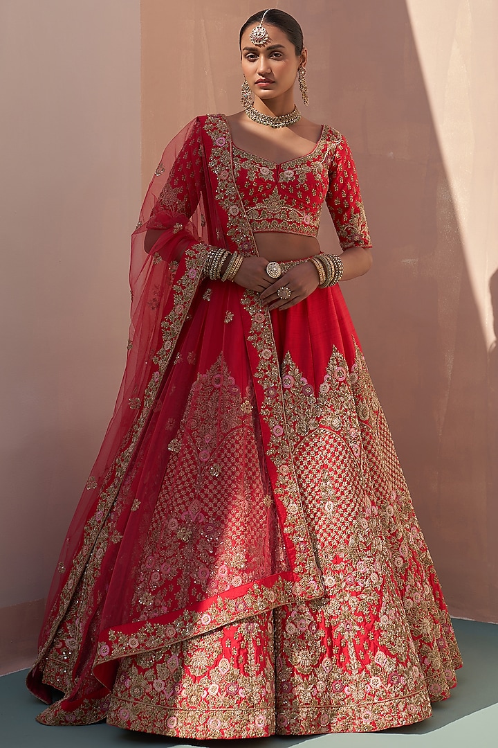 Red Raw Silk Zardosi Embroidered Bridal Lehenga Set  by Angad Singh at Pernia's Pop Up Shop