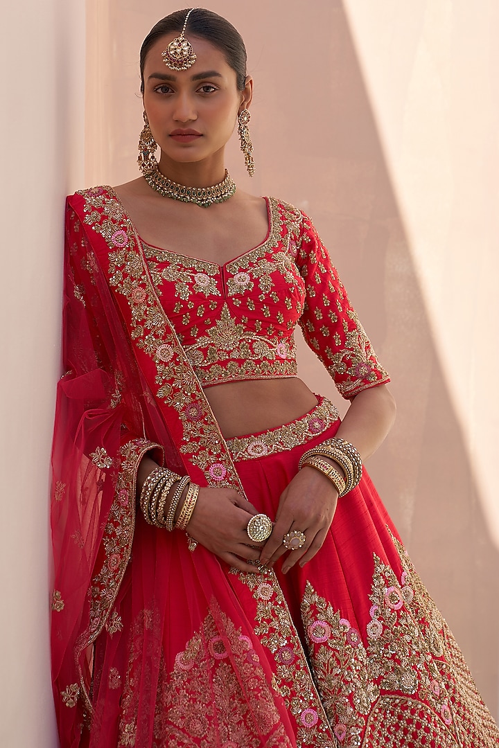 Red Raw Silk Embroidered Lehenga Set Design by Angad Singh at Pernia's Pop  Up Shop 2024