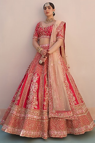 Red Raw Silk Zardosi Embroidered Lehenga Set  by Angad Singh