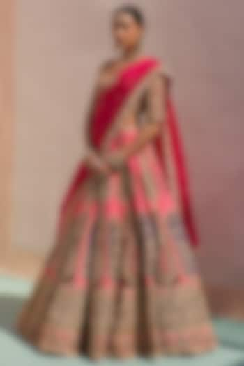 Pink Raw Silk Applique Embroidered Lehenga Set  by Angad Singh