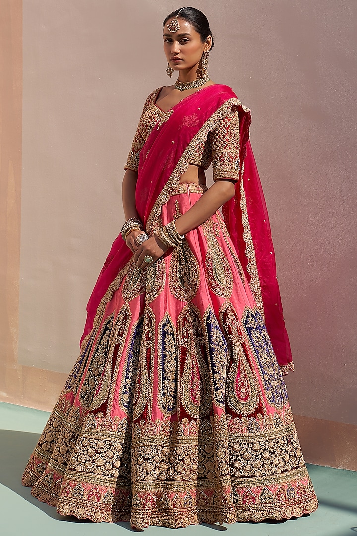 Pink Raw Silk Applique Embroidered Lehenga Set  by Angad Singh