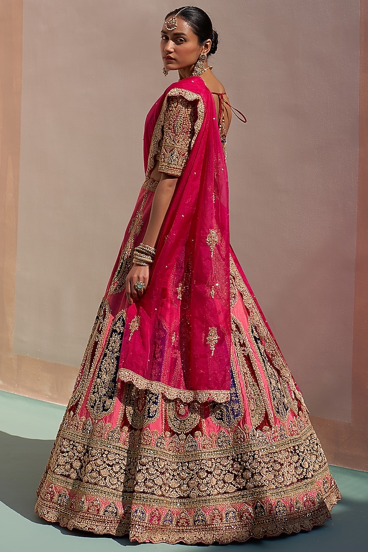 Pink Raw Silk Applique Embroidered Bridal Lehenga Set by Angad Singh at Pernia's Pop Up Shop