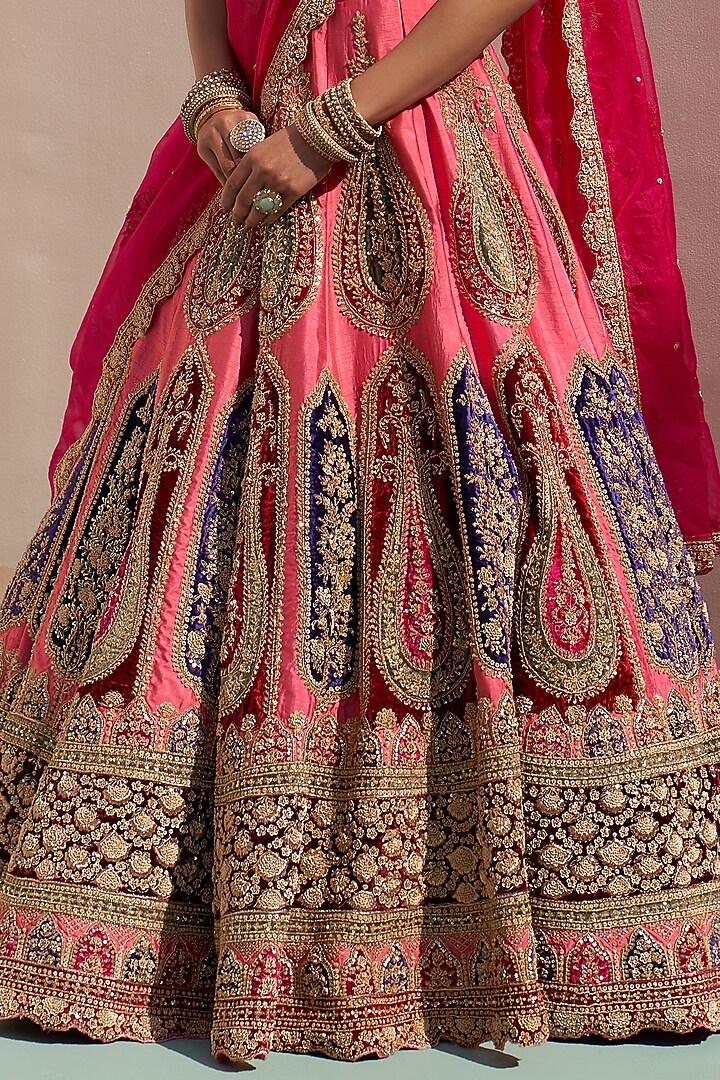 Pink Raw Silk Applique Embroidered Bridal Lehenga Set by Angad Singh at Pernia's Pop Up Shop