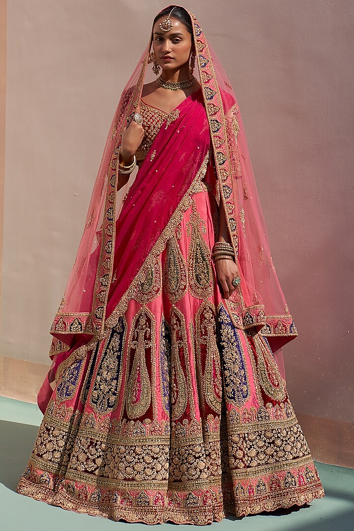 Pink Raw Silk Applique Embroidered Bridal Lehenga Set by Angad Singh at Pernia's Pop Up Shop