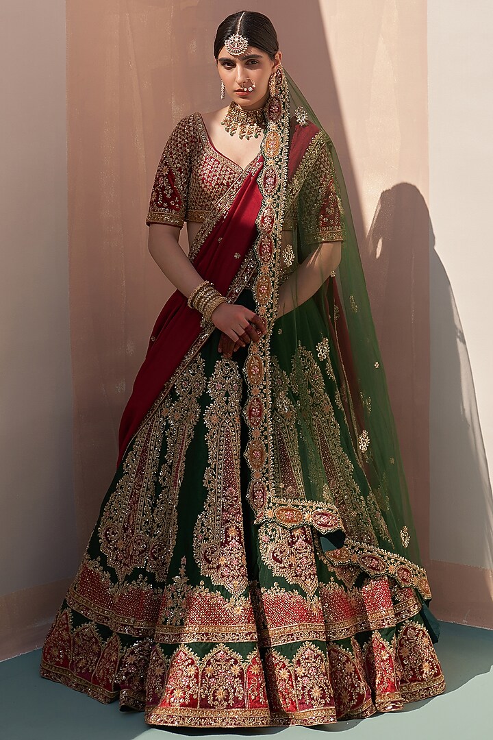 Bottle Green Raw Silk Applique Embroidered Bridal Lehenga Set by Angad Singh at Pernia's Pop Up Shop