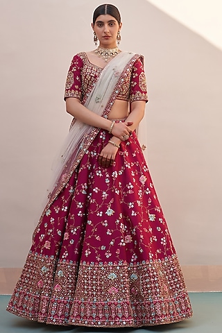 Wine Raw Silk Dabka Embroidered Lehenga Set  by Angad Singh