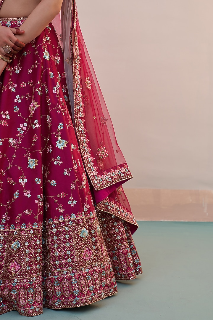 Wine Raw Silk Dabka Embroidered Wedding Lehenga Set by Angad Singh at Pernia's Pop Up Shop