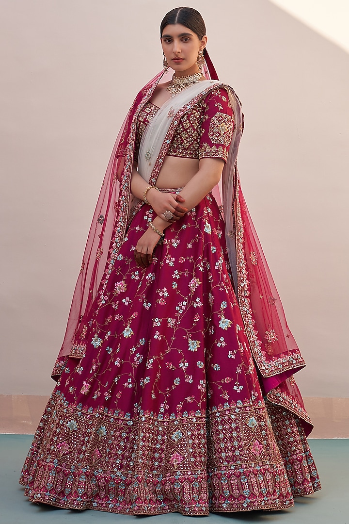 Wine Raw Silk Dabka Embroidered Wedding Lehenga Set by Angad Singh at Pernia's Pop Up Shop