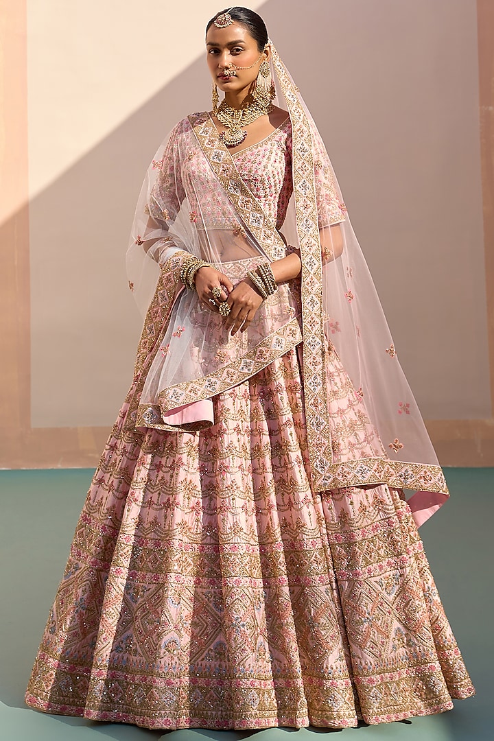 Blush Pink Raw Silk Zardosi Embroidered Lehenga Set  by Angad Singh