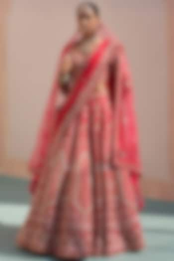 Red Raw Silk Zardosi Embroidered Lehenga Set  by Angad Singh