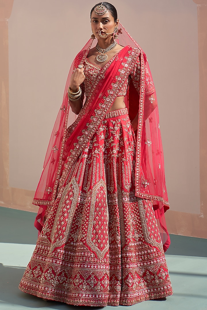 Red Raw Silk Zardosi Embroidered Lehenga Set  by Angad Singh