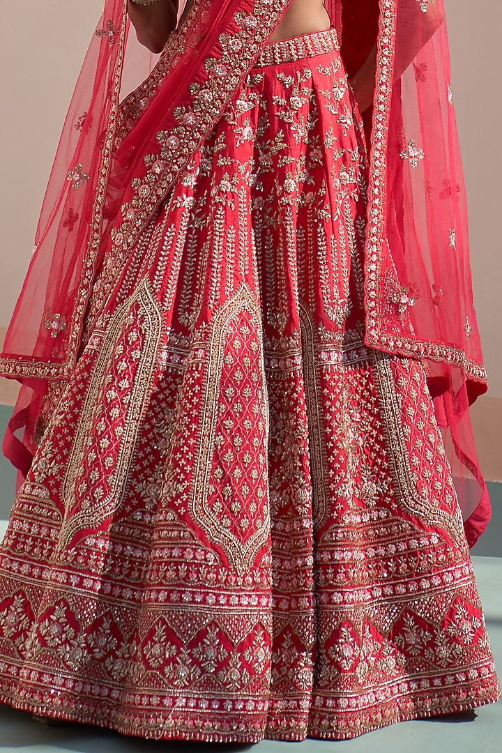 Red Raw Silk Zardosi Embroidered Bridal Lehenga Set by Angad Singh at Pernia's Pop Up Shop