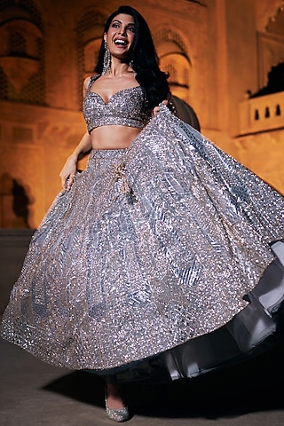 Steel Grey Raw Silk Embroidered Lehenga Set by Angad Singh