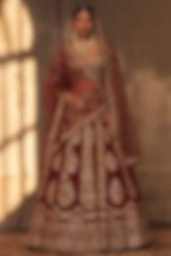 Maroon Raw Silk Embroidered Bridal Lehenga Set by Angad Singh at Pernia's Pop Up Shop