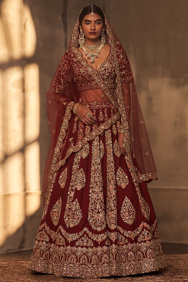 Maroon Raw Silk Embroidered Bridal Lehenga Set by Angad Singh at Pernia's Pop Up Shop