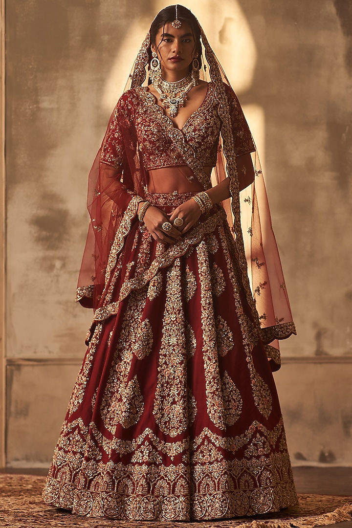 Maroon Raw Silk Embroidered Bridal Lehenga Set by Angad Singh at Pernia's Pop Up Shop