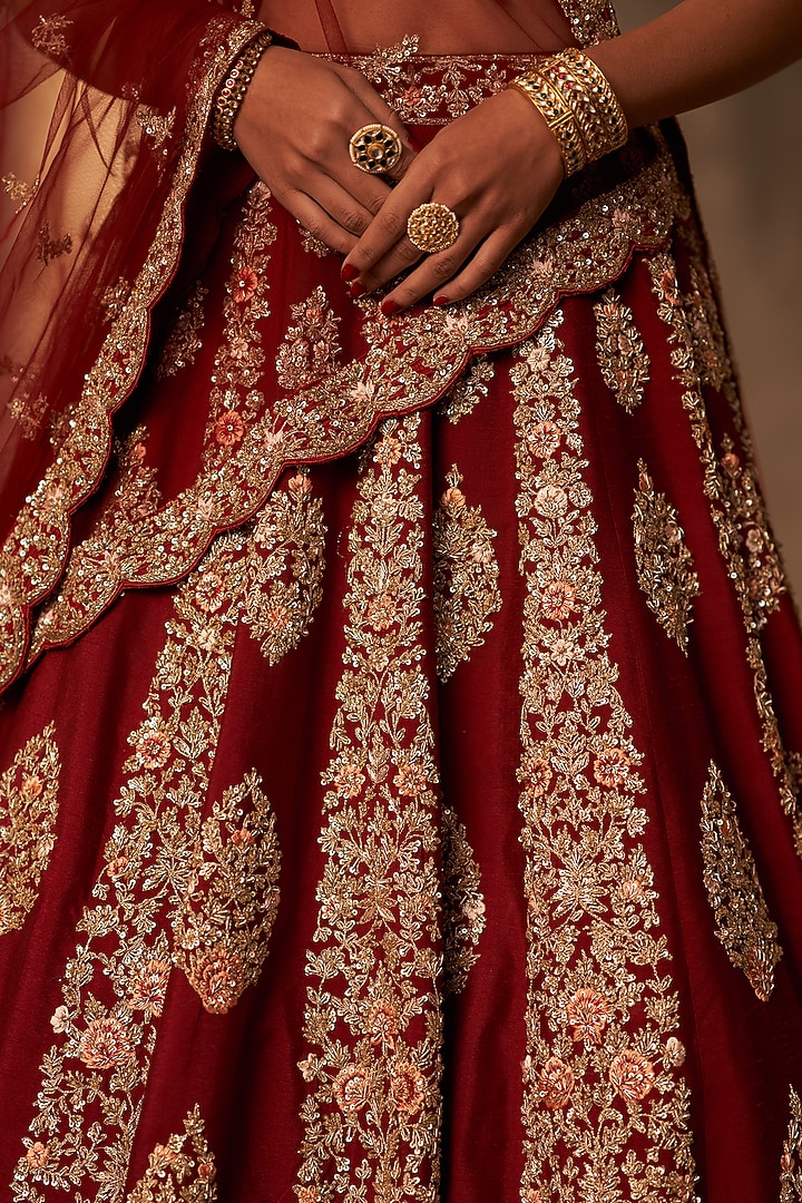 Maroon Raw Silk Embroidered Bridal Lehenga Set by Angad Singh at Pernia's Pop Up Shop
