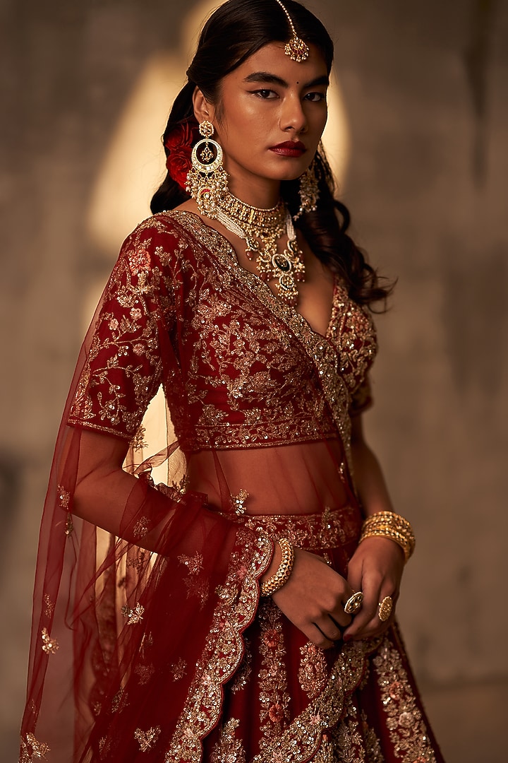 Maroon Raw Silk Embroidered Bridal Lehenga Set by Angad Singh at Pernia's Pop Up Shop