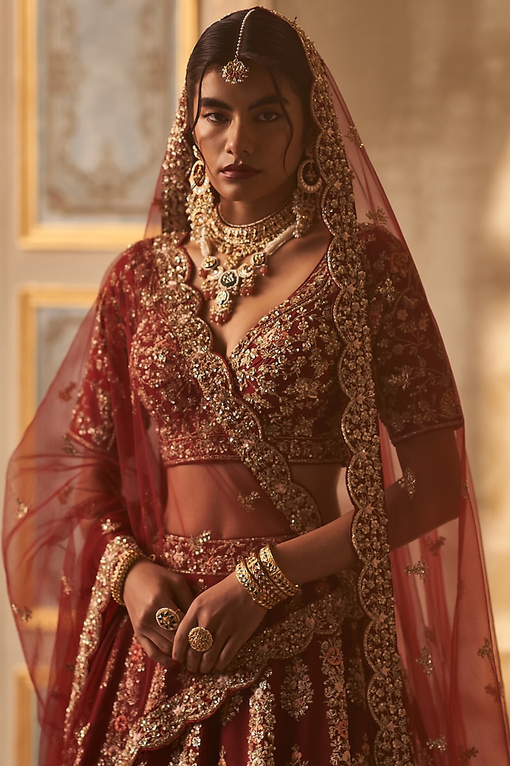 Maroon Raw Silk Embroidered Bridal Lehenga Set by Angad Singh at Pernia's Pop Up Shop