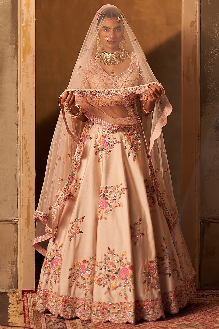Pink Raw Silk Embroidered Wedding Lehenga Set by Angad Singh at Pernia's Pop Up Shop