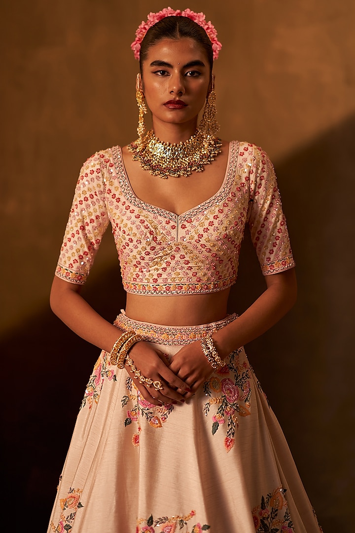Pink Raw Silk Embroidered Wedding Lehenga Set by Angad Singh at Pernia's Pop Up Shop