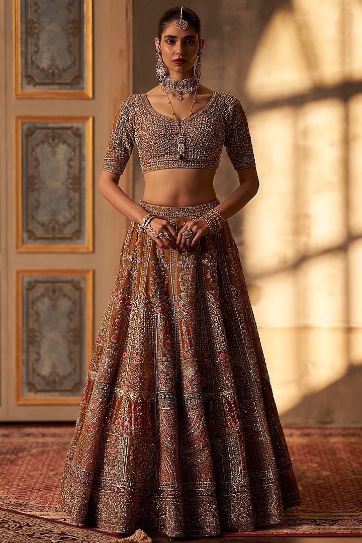 Olive Green Raw Silk Embroidered Bridal Lehenga Set by Angad Singh at Pernia's Pop Up Shop