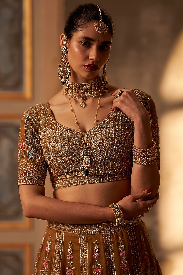 Olive Green Raw Silk Embroidered Bridal Lehenga Set by Angad Singh at Pernia's Pop Up Shop
