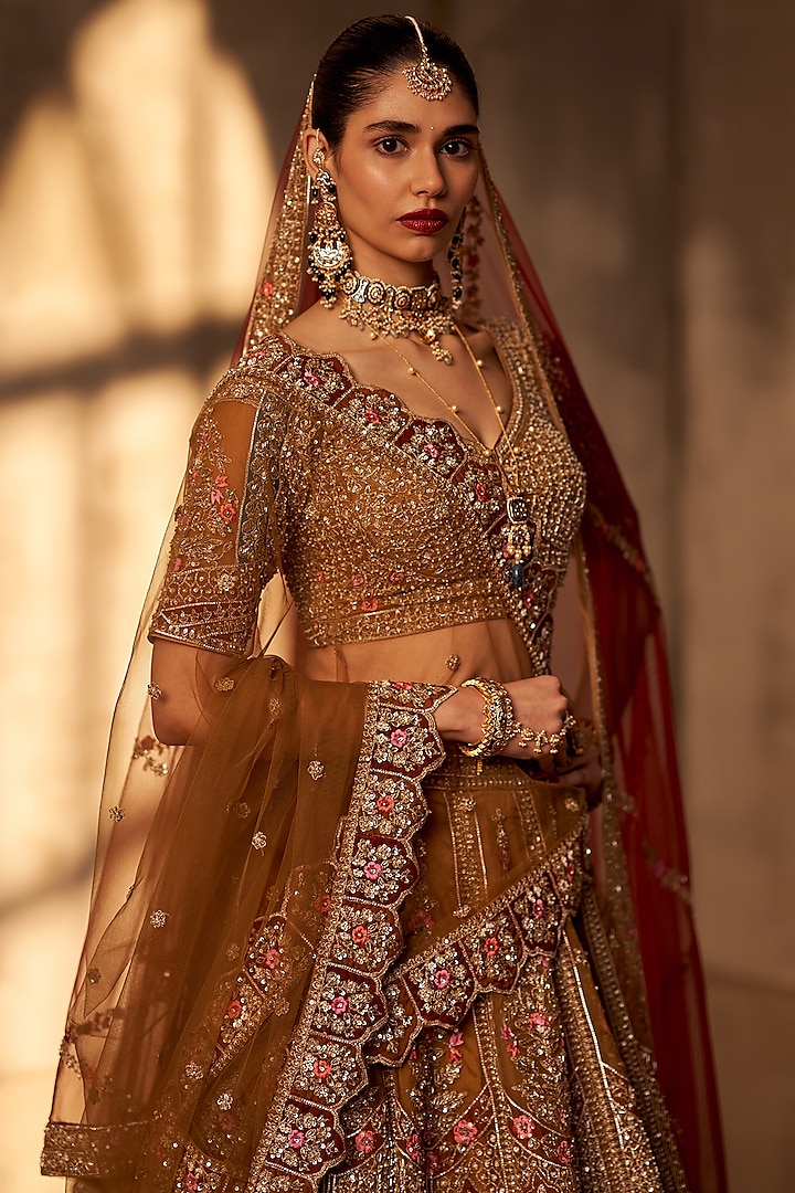 Olive Green Raw Silk Embroidered Bridal Lehenga Set by Angad Singh at Pernia's Pop Up Shop