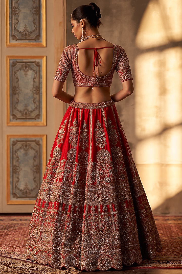 Red Raw Silk Embroidered Bridal Lehenga Set by Angad Singh at Pernia's Pop Up Shop