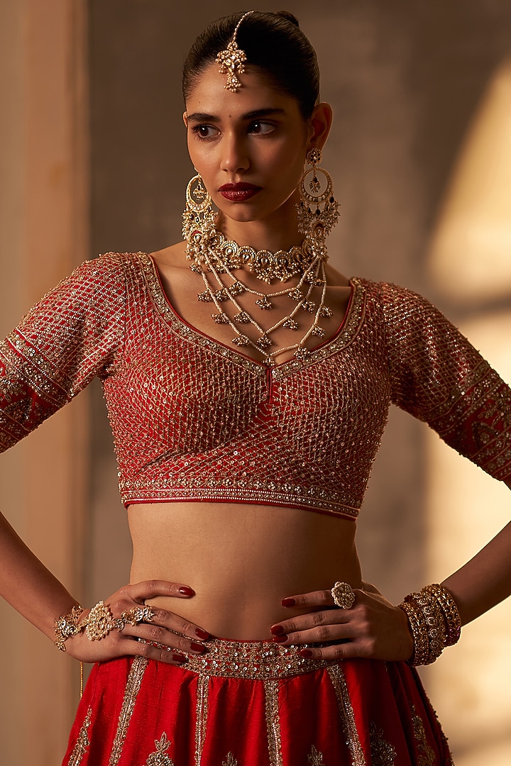 Red Raw Silk Embroidered Bridal Lehenga Set by Angad Singh at Pernia's Pop Up Shop