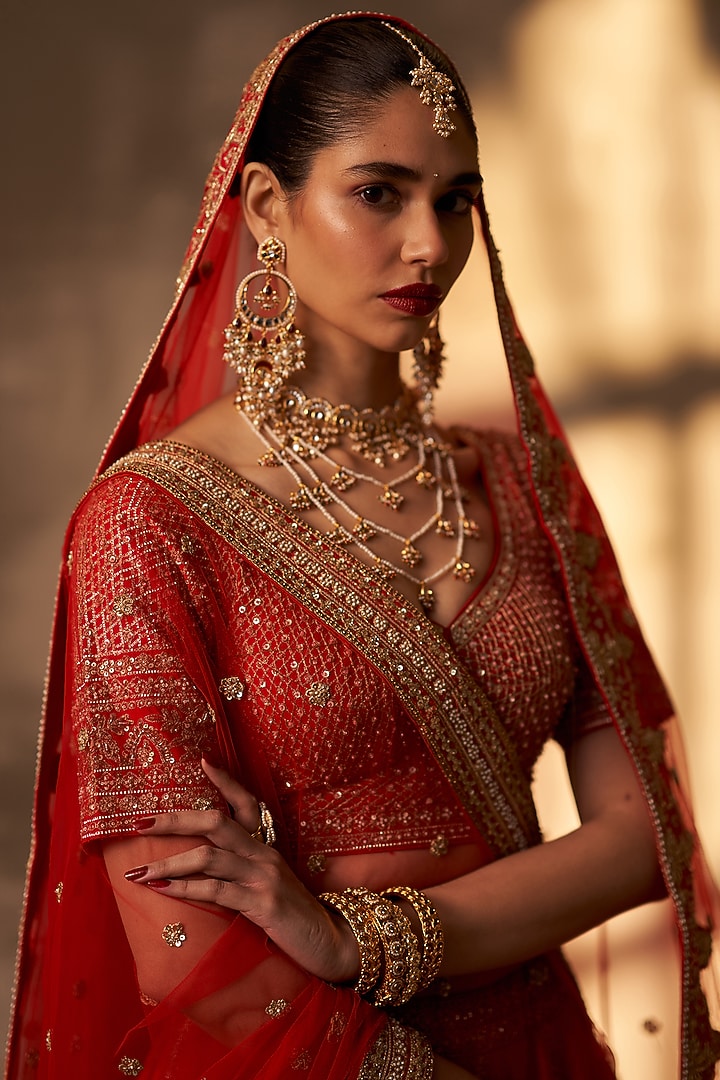 Red Raw Silk Embroidered Bridal Lehenga Set by Angad Singh at Pernia's Pop Up Shop