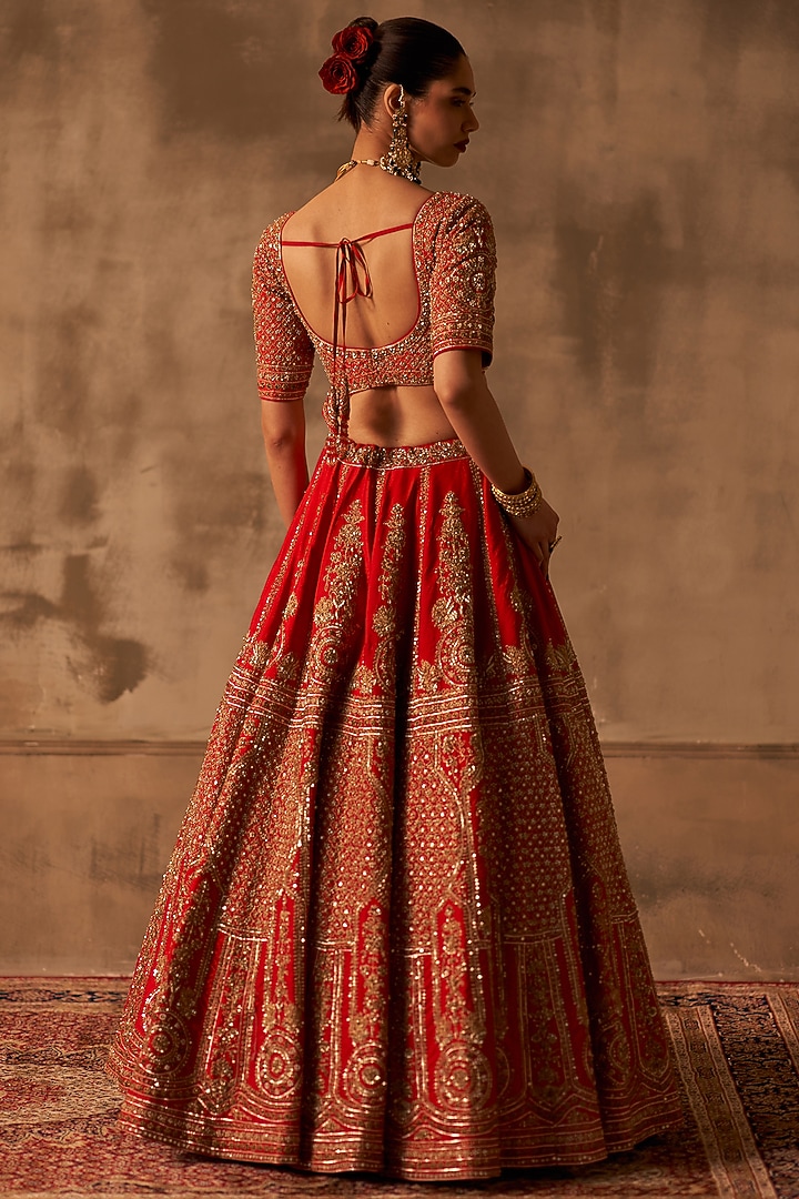 Red Raw Silk Embroidered Bridal Lehenga Set by Angad Singh at Pernia's Pop Up Shop
